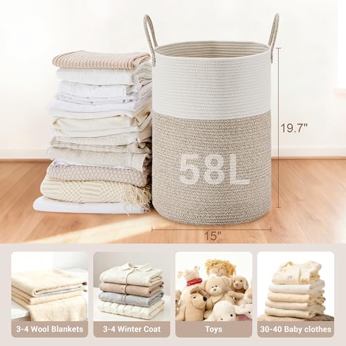 Image of 58L Tall Cotton Rope Laundry Basket with Handles, Brown