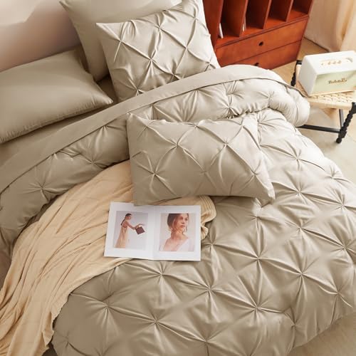 CozyLux King Size Comforter Set Taupe, 7 Pieces Pintuck Bed in A Bag Taupe Comforter King Size, Pinch Pleat Bedding Set with All Season Comforter, Sheets, Pillowcases & Shams