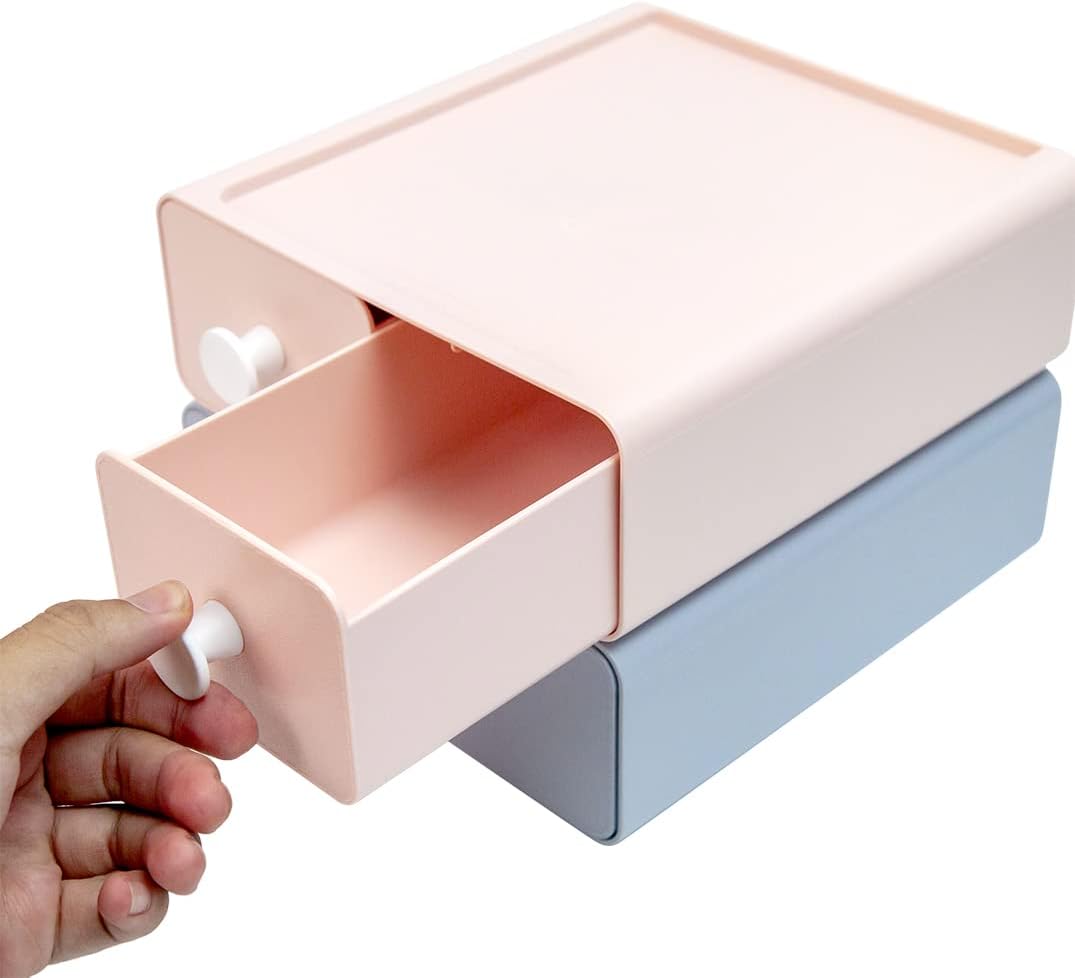 livinbox Desktop Storage Organiser w/ 3 Drawers, Stackable Plastic Organiser for Cosmetics Make-up Stationery Color-pencils Markers Tape Erasers Clips Chargers, MD-2012 (Pink&Blue)