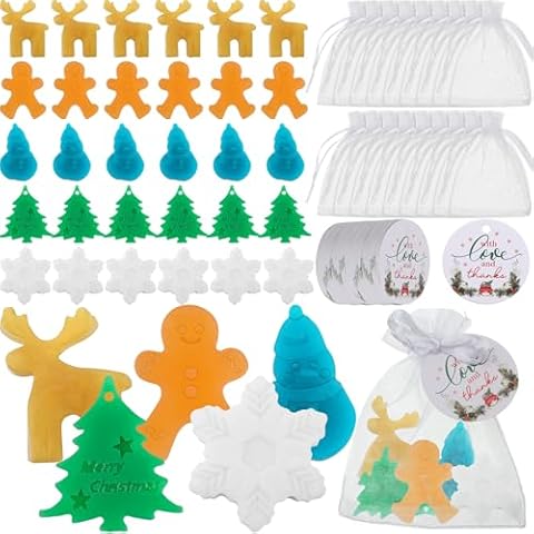 Linyuthia 60 Set Christmas Soap Bar Gift Set Christmas Handmade Soaps Bulk Xmas Tree Snowman Gingerbread Snowflake Soaps with 50 Organza Bags 50 Thanks Tags Fun Holiday Stocking Stuffer Party Favors Cover