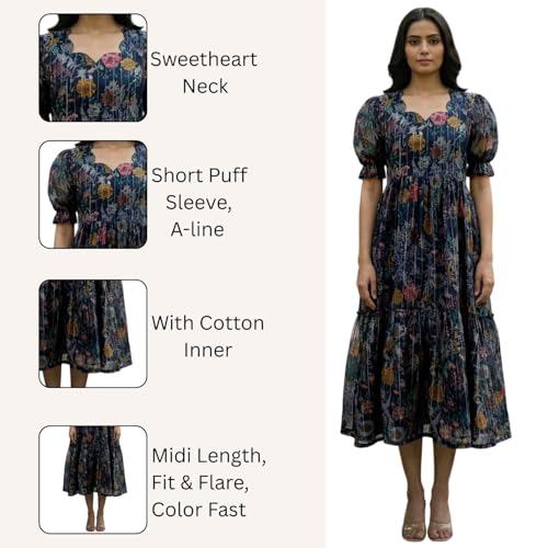 Image of Sun Fashion And Lifestyle Chanderi Printed Dress for Women | Western Dresses for Women | One Piece Midi Dress | Fit and Flare Dress | A-line Dress (KT74 Blue)