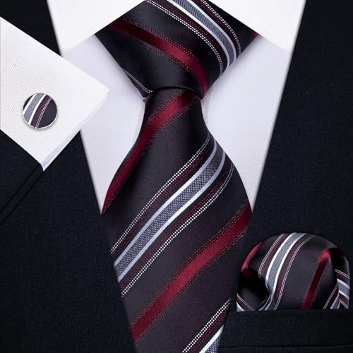 Image of YourTies Striped Ties for Men Classic Woven Silk Necktie with Handkerchief Cufflinks Set Formal Business Party Wedding