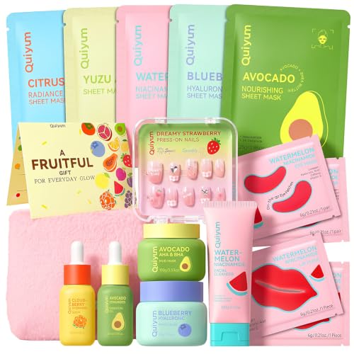 QUIYUM Set Facial Skincare Frutas 16pz con Neceser Rosa Peluche & Nail Art