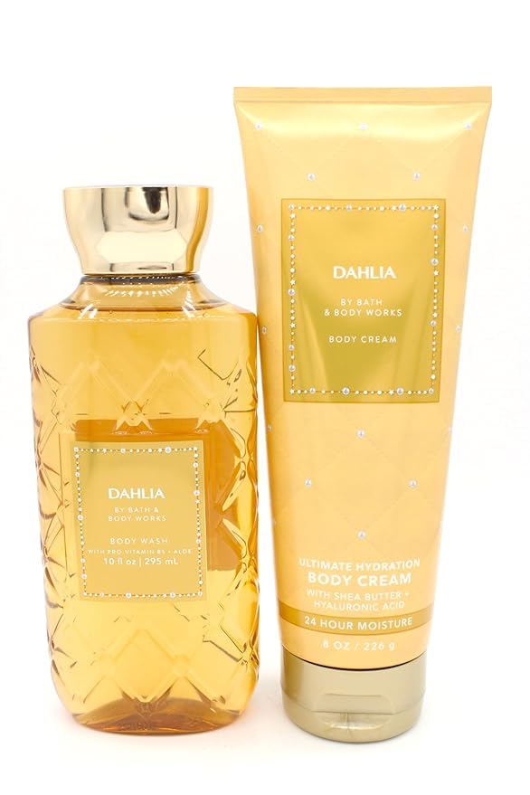 Dahlia, BBW Bath and Body, Bundle Set of Body Wash and Ultimate Hydration Body Cream, Gold