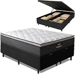 Cama Box Baú King Gazin Colchão Molas Ensacadas Com Pillow Top 193x203x65cm Suporta até 120kg por Pessoa (Cinza/Preto)