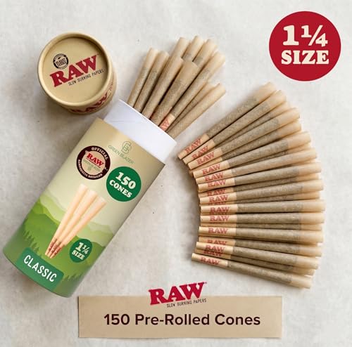 Image of RAW Cones Classic 1 1 /4 Size: 150 Pack Patented Slow Burning Pre Rolled Rolling Papers & Tips, All Natural Raw Paper, 84mm