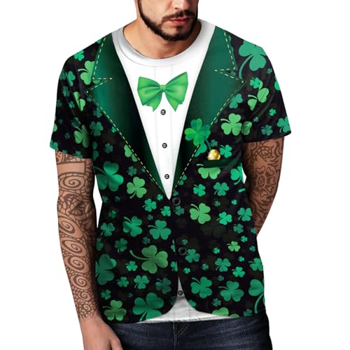 Image of Eciodci Men's St Patricks Day T-Shirts Novelty 3D Printed Shamrock Tuxedo Tees Shirt Clover Leaves Casual Short Sleeve Shirts