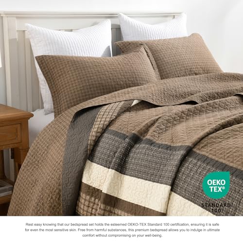 DDUOXIN Oversized Queen Bedspread - 102W x120L Extra Wide - 100% Cotton California Quilt with 2 Pillow Shams, Lightweight Reversible Bedspreads Coverlet Bedding Set, Brown/Beige/Khaki — view 4