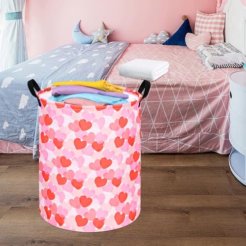 Image of Round Valentine's Heart Pattern Laundry Hamper Clothes Storage Basket Fabric Storage Hamper Organization Storage Bin, Nursery Box,Gift Basket with Handles
