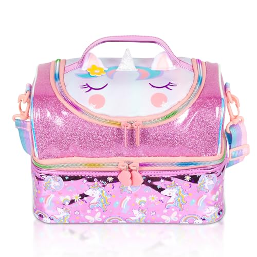 YOYTOO Kids Double Decker Cooler Insulated Lunch Bag, Back to School Large Meal Tote for Boys, Girls, Men, Women, with Adjustable Strap, Unicorn