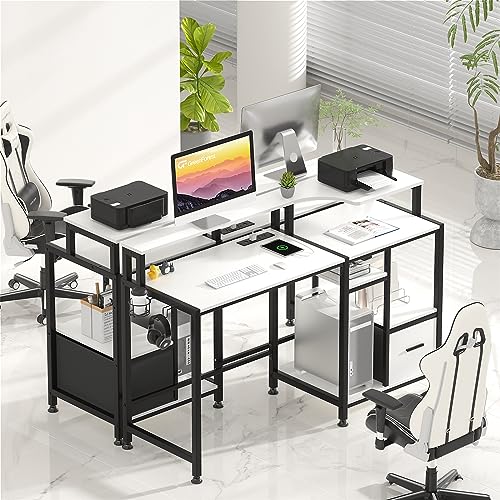 Image of GreenForest Computer Desk with Drawers and Power Outlet, 55 inch Office Desk with Printer Shelf Monitor Stand, Work Desk with Cup Holder Hook, White, BERT