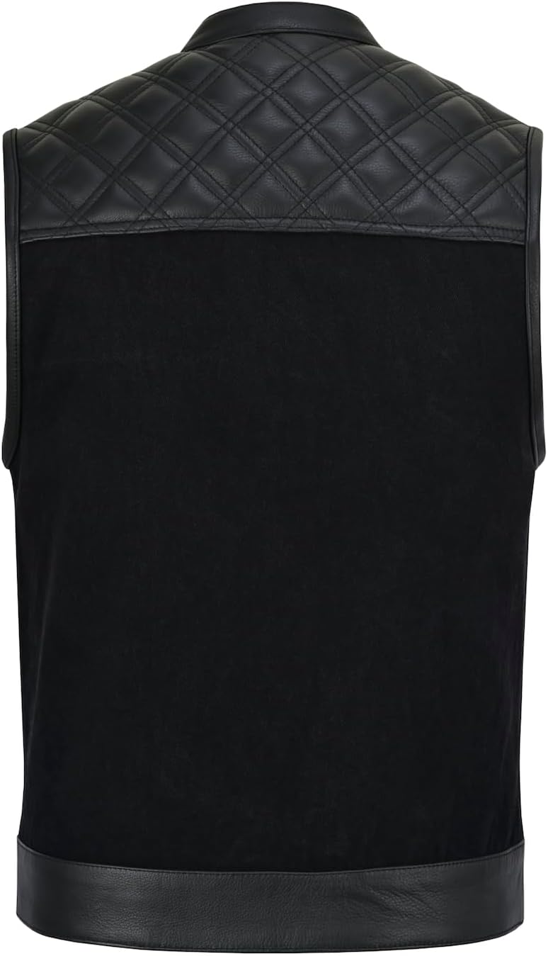 Mens Hybrid Motorcycle Full Grain Leather and Bull Denim Heavy Duty Vest - Image 2