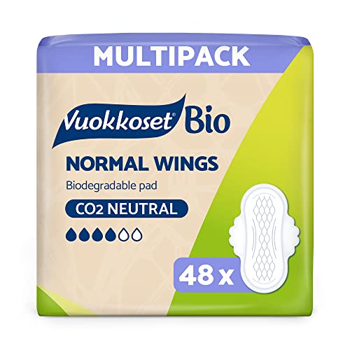 Vuokkoset Eco Normal - Compresas finas con alas, Biodegradables 22,6 cm| Multipack 48 unidades para piel sensible |Algodón Orgánico | Sin colorantes, fragancias ni cloro |Núcleo Absorbente Ecológico |