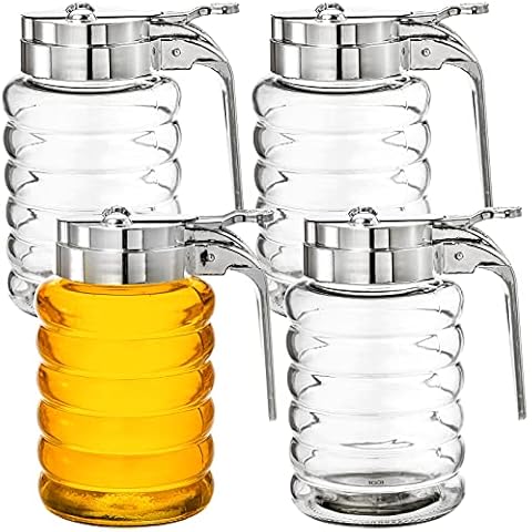 Hacaroa 4 Pack Glass Syrup Dispenser, 10 Oz Maple Syrup Pourer Container, No Drip Honey Syrup Holder Dispenser Bottles with Plastic Top Cover