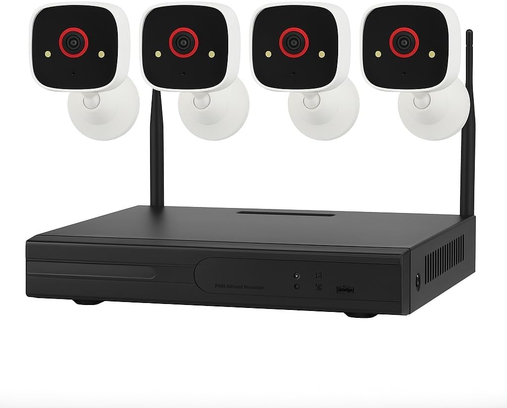 Kit Videosorveglianza Wireless AB-JK54 con 4 Telecamere HD, DVR, Visione Notturna Infrarossi, Rilevamento Movimento e Notifiche via App TopsCloud