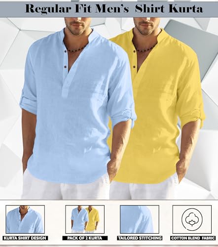 Image of Zombom Men's Combo Cotton Polyester Blend Solid Full Sleeve Straight Regular Fit Mandarin /Chinese Collor Kurta (Pack of 2)