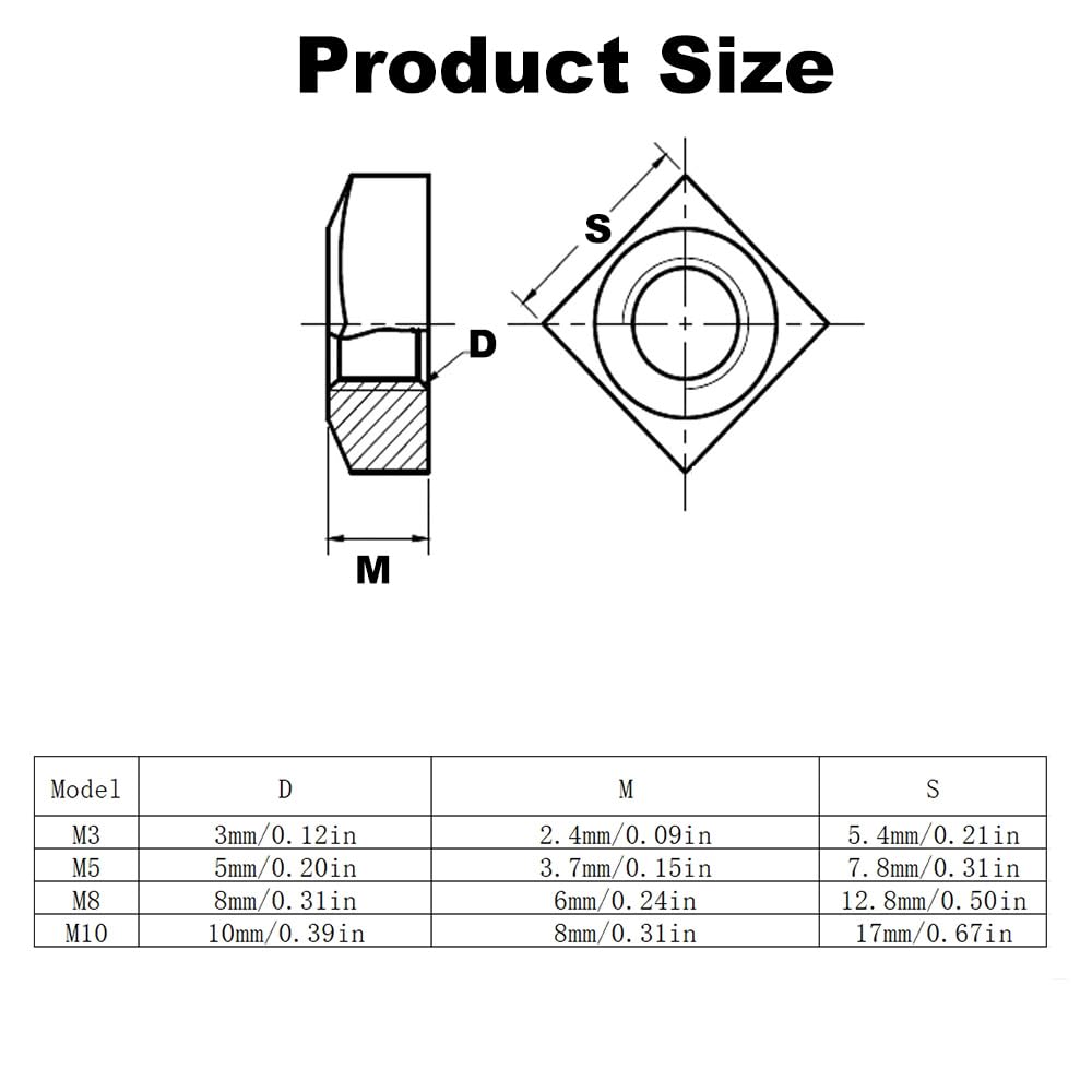 SEIWEI 5 PCS M10*17 * 8# Square Nuts, 304 Stainless Steel Coarse Thread Square Nuts Fasteners for Home Repairs Bridge Construction