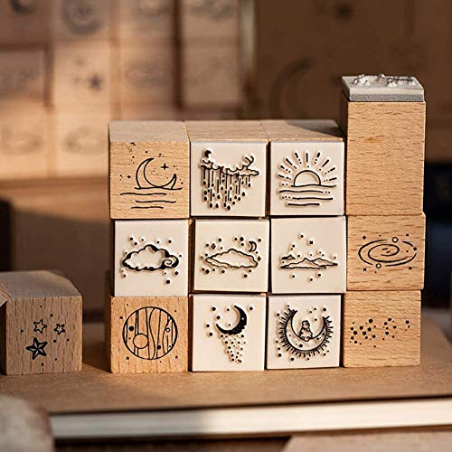 Fciqven 16 Pcs Vintage Wooden Rubber Stamp Set, Moon Decorative Stamp Wood Rubber Stamp for DIY Craft, Scrapbooking, Card Making, Gift Wrapping, Journals - Thumbnail 6