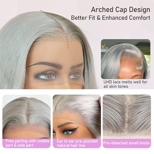 Image of Halloween Wigs 200% Grey Human Hair Wigs Body Wave 13x4 UHD Transparent Pre Plucked Pre Cut Gray Lace Front Wig Virgin Human Hair Glueless Lace Front Wigs for Women (28 Inch, Grey body wave)