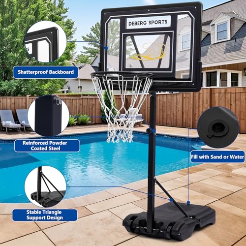 DEBERG Swimming Pool Basketball Hoop Set Height-Adjustable Portable Pool Basketball Hoop Poolside with Shatterproof Backboard and Stainless Steel Rim/Bracket, Includes a Ball and Air Pump