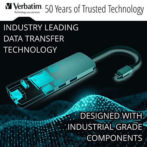 Image of Verbatim 9-in-1 USB C Hub Adapter with 4K HDMI, 100W Power Delivery, USB 3.0, SD Card Readers, Gigabit LAN, 3.5mm Port for USB C Laptops