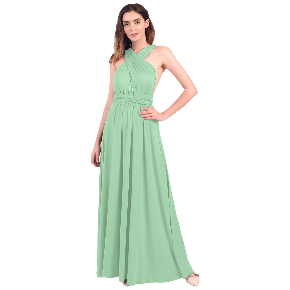 FYMNSI Womens Transformer Infinity Evening Dresses Maxi Cocktail Wrap Gown Convertible Multi Way Floor Length Long Dress for Bridesmaid Wedding Guest Formal Party Beach Ball Prom Gown Light Green XS