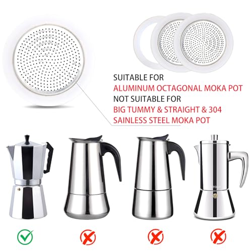 Image of 2 Pcs Filter with 3 Pcs Silicone Gasket Seals for 12 Cup 14 Cup Stovetop Espresso Coffee Maker Replacement Parts Aluminium Moka Pot