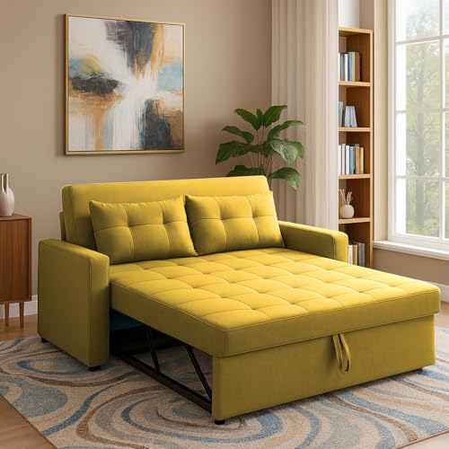 Image of Casaliving Treshta Pull-Out Premium Fabric Sofa Cum Bed Sofa Set for Living Room Premium Fabric Sofa Set for Living Room Sofa Cum Bed (Yellow, 2 Seater)