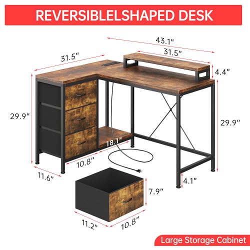 Image of Hetoy L-Shaped Computer Desk with Charging Station - Corner Gaming Desk with LED Lights, Drawers & Storage Shelves for Home Office Use, Rustic Brown