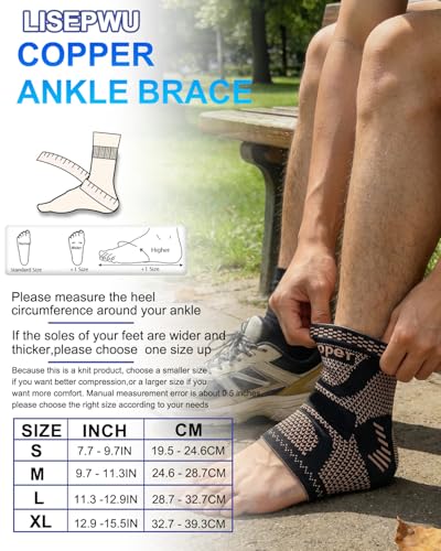 Image of LISEPWU Copper Ankle Brace, Copper Infused Ankle Support Compression Sleeve for Men & Women, for Foot Pain Relief, Sprained Recovery, Achilles Tendonitis, Daytime or Night Use(L)