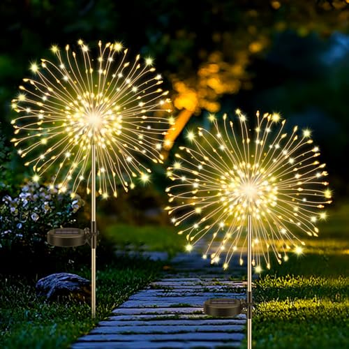 Gartendeko Solar Gartenleuchte Außen, 150 LEDs Feuerwerk Solarleuchten, 8 Modi Wasserdicht solarlichter pusteblume, Starburst Lichterkette, für Hinterhof Weg Rasen Terrasse Außen Balkon Deko, 2 Stück