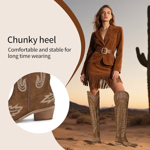 Thigh High Cowboy Boots With Lace Up Wide Calf Over The Knee Cowgirl Boot For Women Embroidered Western Tall Boots With Side Zipper and Chunky Heel4