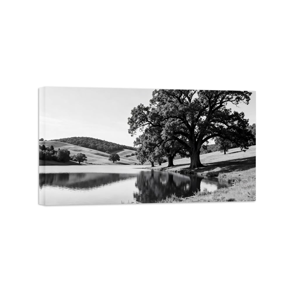 OZPWBVY Lake Tree No.2 Black White Landscape Wall Art Prints 40x70cm Framed