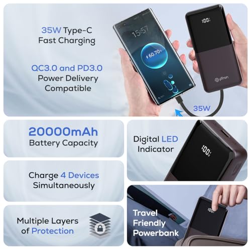 Image of pTron Dynamo Bolt 20000mAh 35W Super Fast Charging, USB Type-C Input Power Bank Compatible with QC3.0 /PD3.0 (Power Delivery),Built-in Charging Cables,4 Charging Outputs,Type-C Input /Output Port(Brown)