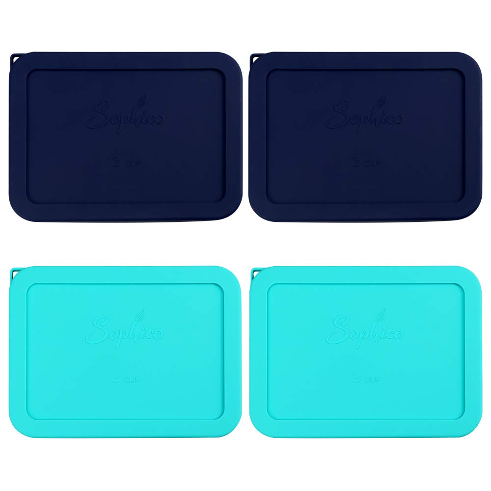 Sophico 3 Cup Rectangle Silicone Storage Cover Lids Replacement for Pyrex 7210-PC Glass Bowls, Container not Included (NAVY BLUE - MINT, 4 Pack)