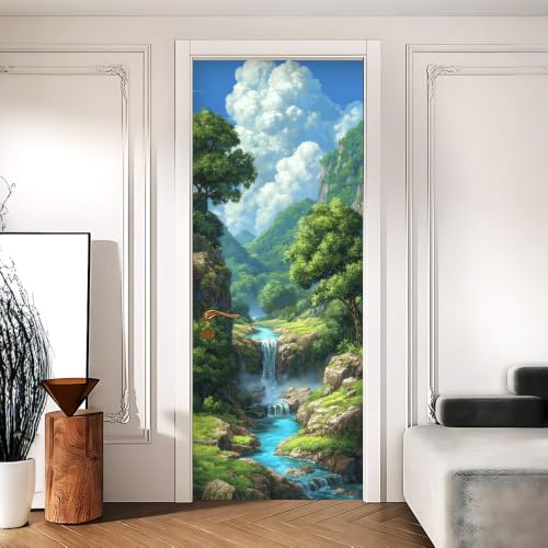 Image of Painted Forest Waterfall Mountain Gorge Door Mural 30.31x78.74in
