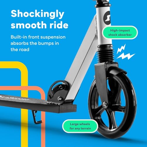 Image of LaScoota Kick Scooter for Kids Ages 6+, Teens & Adults, Large 8 inch Sturdy Urethane Wheels. Adjustable Handlebar, Lightweight, Foldable, 220lbs Max Load
