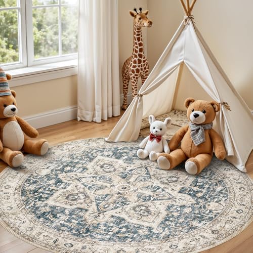Tortania 8' Round Area Rug Living Room Rugs - Washable Boho Rug Vintage Oriental Distressed Farmhouse Large Thin Indoor Carpet for Bedroom Under Dining Table Home Office - Cream/Blue