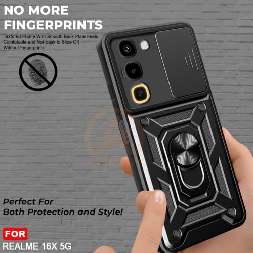 Image of Armor Bumper Back Cover Case for Realme 16X 5G Rotating Camera Cover, Ring Holder & Kickstand | Heavy Duty & 360 Degree Protection Back Cover for Realme 16X 5G (Black)
