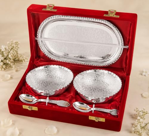 Image of Jaipur Ace Rakhi Gift Hamper for Bhaiya Bhabhi with Silver Plated Bowl Set, Pooja Thali, 2 Designer Rakhis, Roli Chawal, Raksha Bandhan Gift Set for Brother Bhabhi, Premium Rakhi Combo with Red Velvet Box