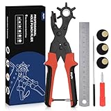 Pinza Fustellatrice, [Set Completo-Rosso] Diyife Pinza Buchi Cintura, Buca Cinture Pelle, Testa Girevole con 6 Fori Intercambiabili, Piastra Extra Cacciavite Righello per Cinture Pelle Carta