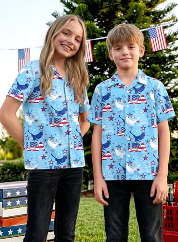 Image of BesserBay Unisex Kids 4th of July Shirt Girls Boys Patriotic Button Down Shirt American Flag Top 4-14 Years