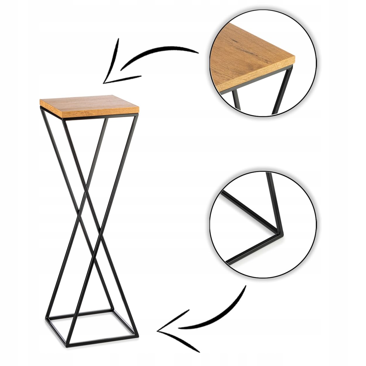 Pflanzenständer Metall 70 cm Hoch - Stabiler und Fester Blumenhocker mit Eiche Optik MDF-Platte auf Schwarz Ständer - Blumenständer zur Dekoration Innenräumen