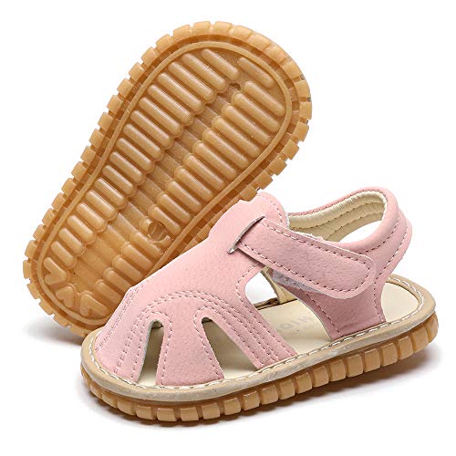 LAFEGEN Baby Boy Girl Squeaky Summer Sandals Non Slip Soft Sole Closed Toe Infant Toddler First Walker Crib Shoes, 5.5 Toddler, 02 Pink