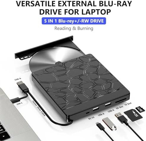 YUNINFANG External Blu-ray Drive for Laptop - DVD/CD Drive with Dual USB-A Ports, Portable 5-in-1 USB 3.0 BD Reader, SD/TF Slots - Blu-ray Player for PC, Windows/Mac/Linux OS Compatible (5 in 1)