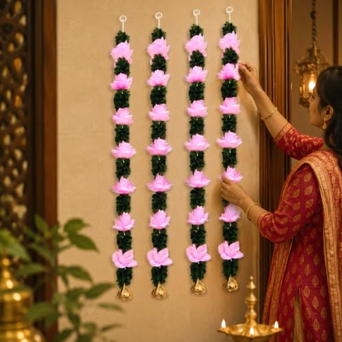 Image of Rajasthan Kraft Artificial Pack of 4, Flower Wall Hanging for Home Decoration | 33 * 4 Inch Pink Floral Hanging with Green Leaves, Decorative Wall Hanging for Diwali, Wedding, Mandir & Living Room