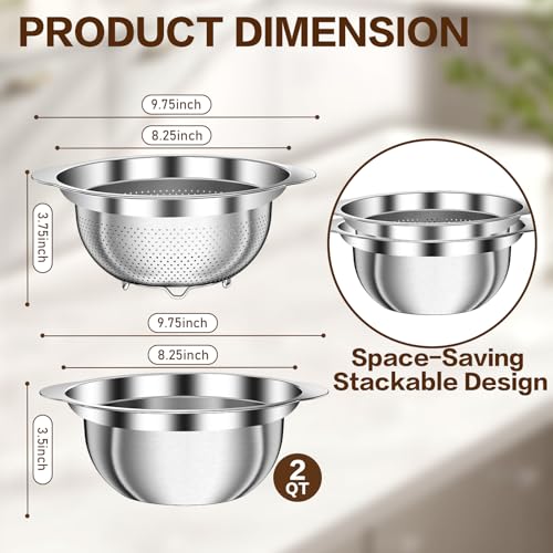 Image of Stainless Steel Strainer with Mixing Bowl, Rice Washer, Colander for Kitchen, Rice Strainer, Fruit and Vegetable Wash, Microporous Colander, Fruit Cleaner Bowl, Dishwasher Safe