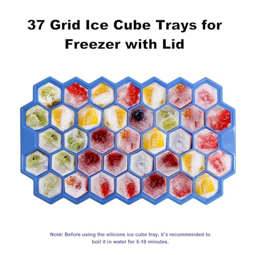 Image of CLOUDVALLEY Silicone Ice Cube Trays with Lids - 3 Pack Easy-Release Hexagon Ice Maker for Freezer, Reusable Food-Grade Ice Molds for Cocktail Bar, Whiskey, Iced Coffee & Home Kitchen (Blue)