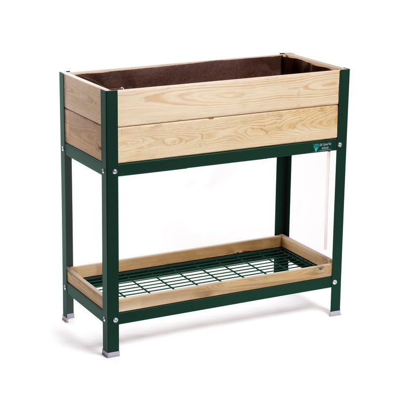 Huerto Urbano Jardinera Elevada Madera con Bandeja Recoge Aguas | Estructura Metálica | Mesa Cultivar Plantas Terraza Jardín Balcón Exterior | Verde | HUERTO Alto - 90x40x90 cm