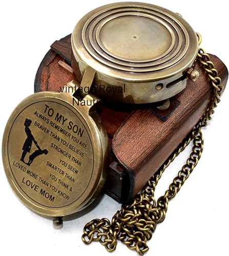 Brújula de latón grabada para regalo con estuche de cuero miniatura 4